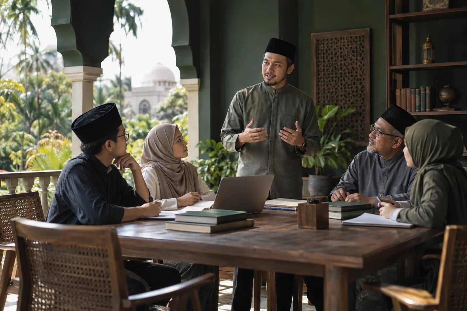 A fictional Muslim advanced learner presenting an idea to peers and a mentor in an open-air academic seminar