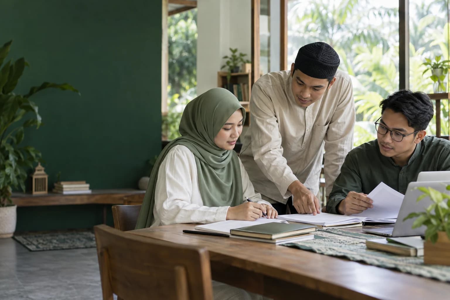 Three fictional Muslim adult learners collaborating over project materials in a bright campus study room