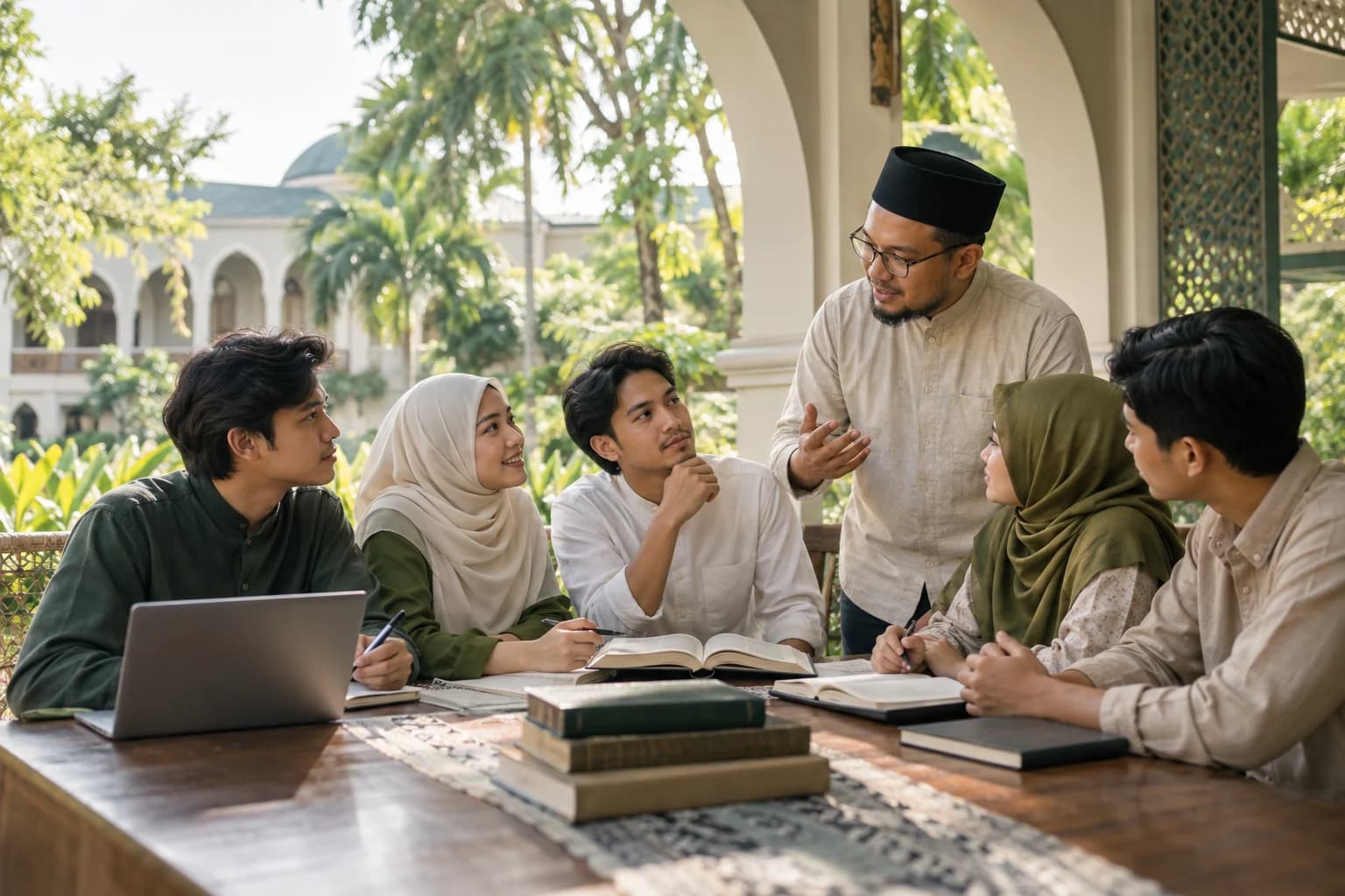 A fictional Muslim faculty mentor leading five college students in a lively open-air seminar