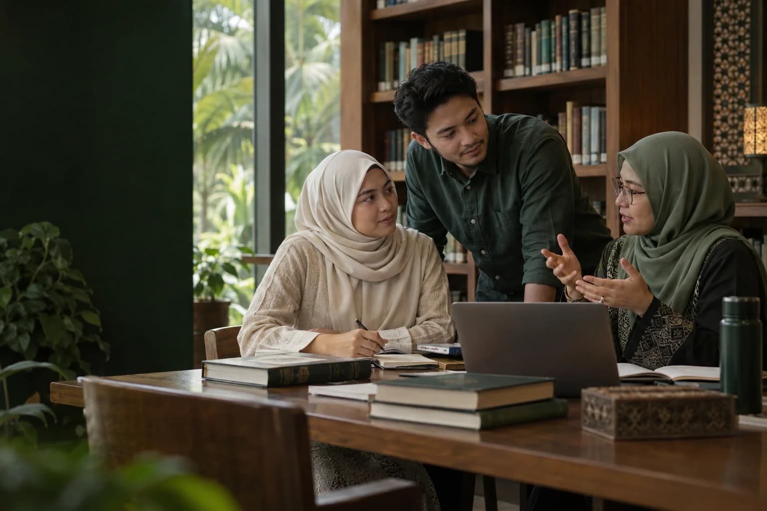 Three fictional Muslim postgraduate learners discussing research around a library table