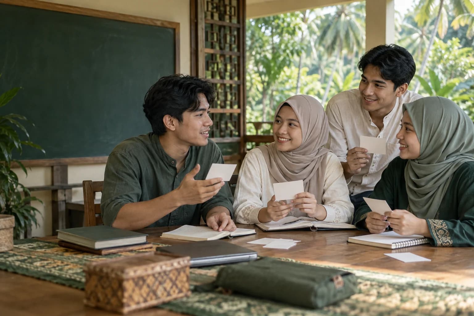 Four fictional Muslim college students practicing together with blank study cards in an open classroom