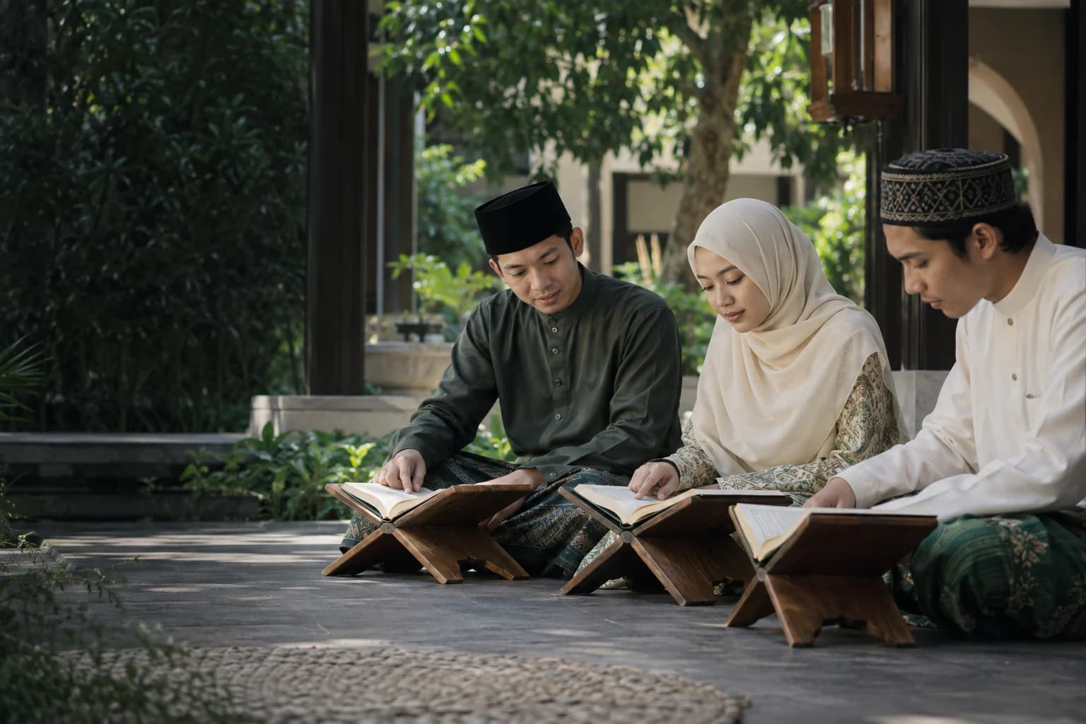 Three fictional Muslim students studying together with open books in a shaded campus setting